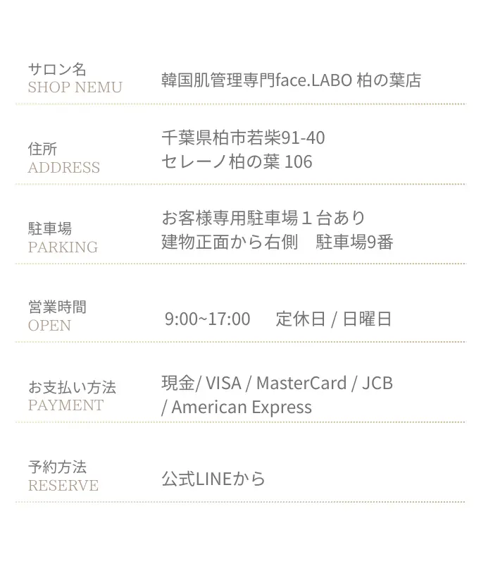 韓国肌管理-柏の葉-face.LABO-駐車場